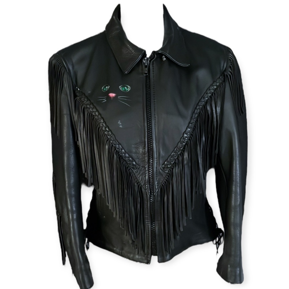 Leather Jacket w/ Hand Painted Cat Black Fringe Motorcycle Western Vintage Small - Picture 3 of 16